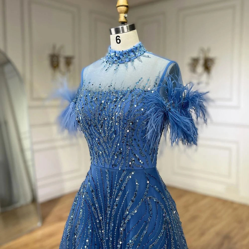 Serene Hill 2024 Arabic blue A Line Short Sleeveless Luxury Evening Dresses Beaded Feathers For Women Wedding Party LA72351