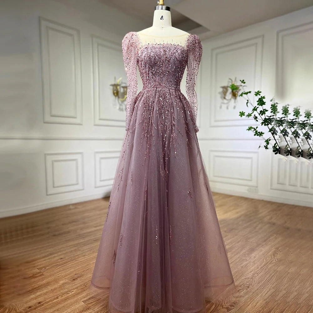 Serene Hill Muslim Pink A Line Beaded Luxury Dubai Long Evening Dresses Gowns 2024  For Woman Wedding Party LA71915