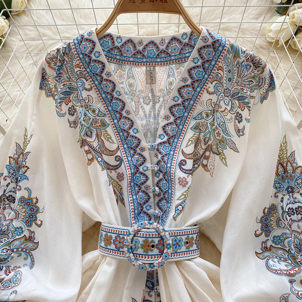Bohemian Dresses For Women 2024 V Neck 3/4 Sleeve Spring Summer Vacation Mini Dress With Belt Boho Vintage Paisley Print Dress