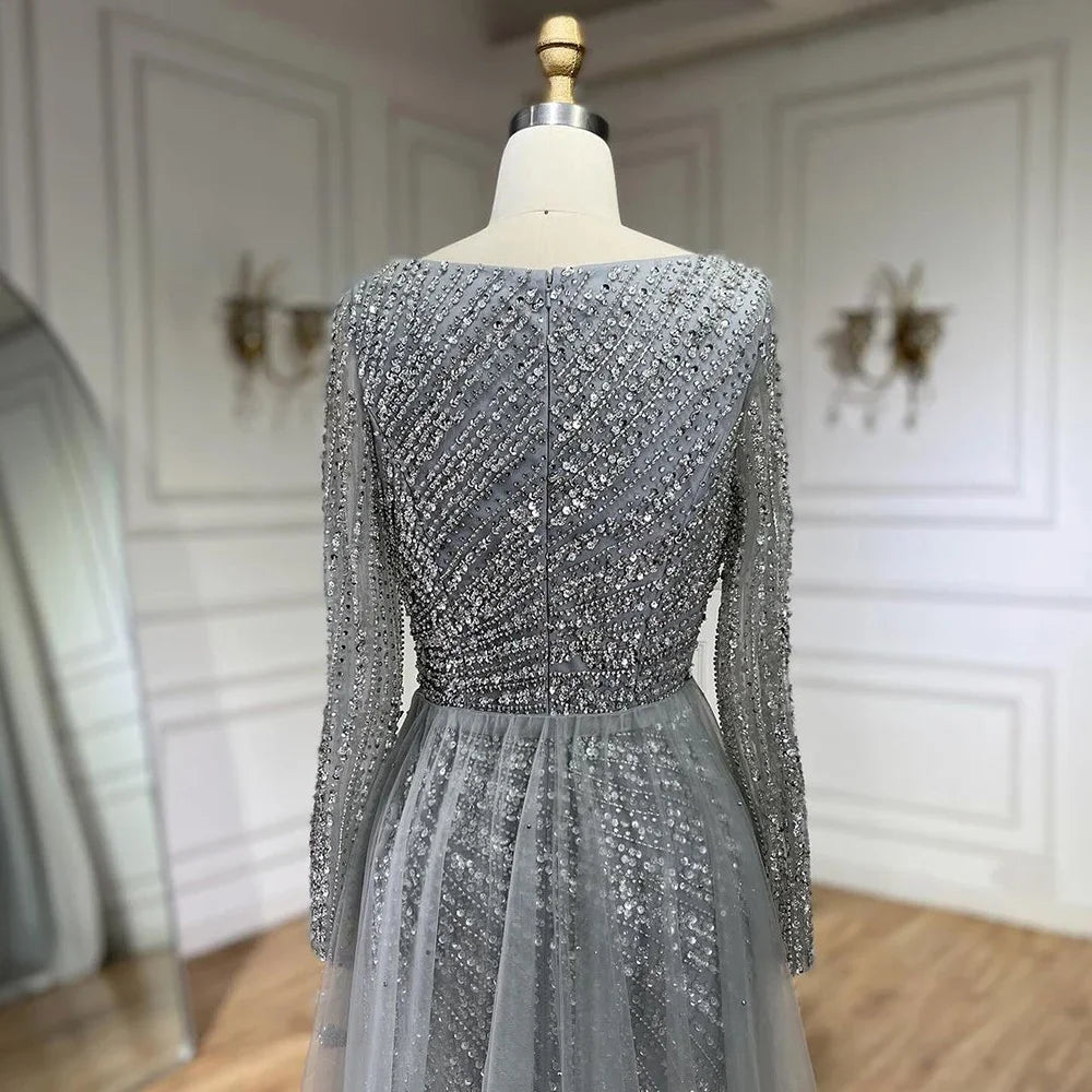 SERENE HILL 2024 Arabic Dubai Silver Gray Beaded Mermaid Evening Dresses Long Sleeves Gown With Skirt For Women Party GLA71618L