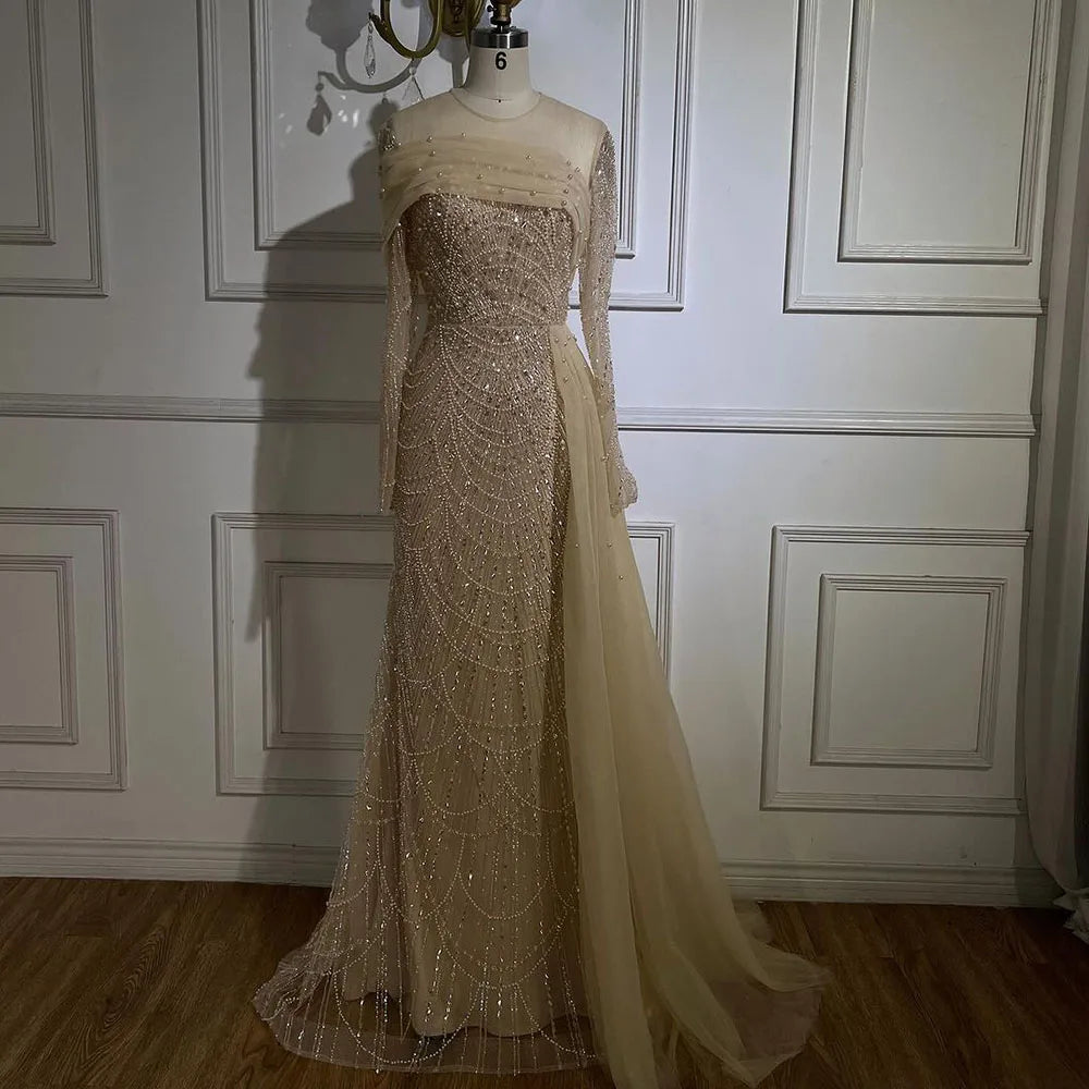 SERENE HILL 2024 Dubai Arabic Nude Mermaid Luxury Beaded Evening Dresses Gowns With Overskirt For Women Wedding Party GLA72254A