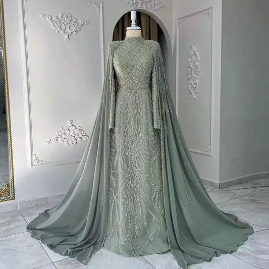 Serene Hill 2024 muslim Sage Green Mermaid Cape Sleeves Beaded Satin Luxury Evening Dresses Gowns for Women Party LA72413