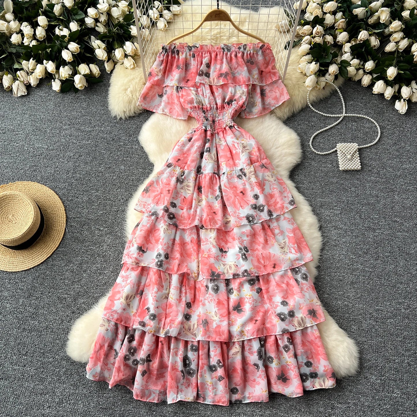 French Vintage  off shoulder short sleeve ruffle Dress Chic Casual Beach Vacation Women Summer chiffon dresses