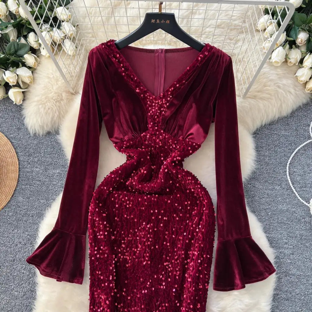 Women's Sexy Velvet Evening Gown Luxury Dresses V-Neck Flare Sleeve Split Long Dress Fashion Slim Robe Birthday Party Autumn New