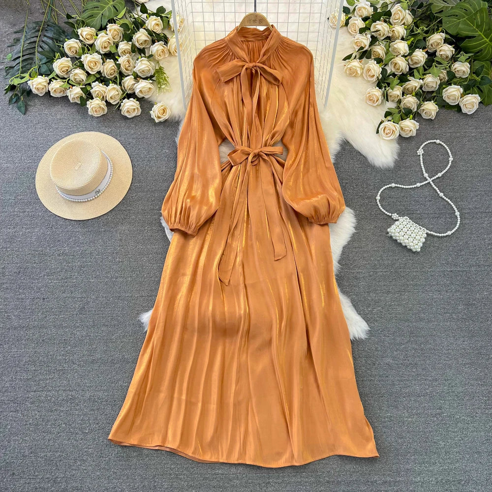 Autumn Elegant Women Fashion Party Long Dress Bow Lace Up Long Sleeve Evening Dresses A-Line Casual Vestidos One Piece Prom Robe