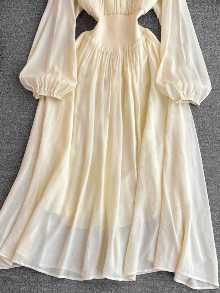 Elegant Sweet Princess Party Dress Women High Waist A-Line Lace Up Autumn French Vintage Prom Robe One Piece Vestidos Mujer New