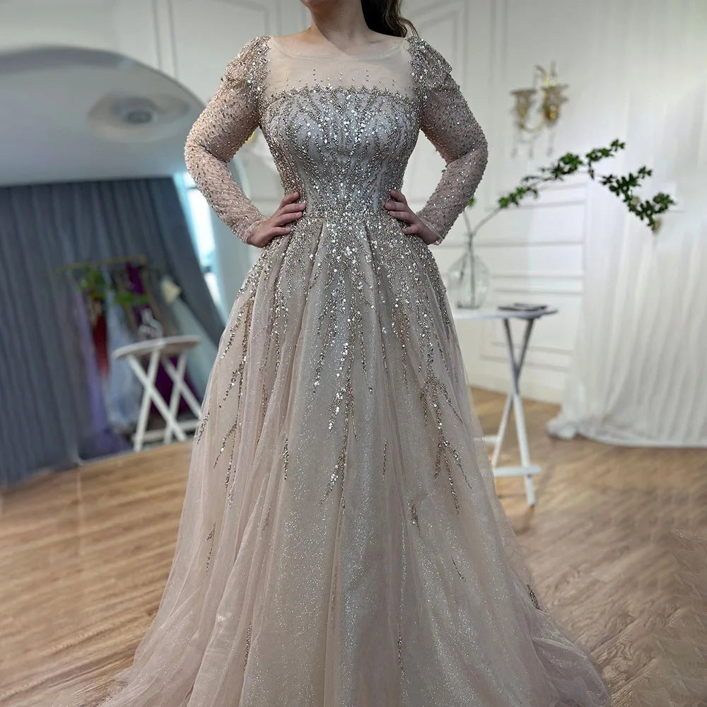 Serene Hill Muslim Pink A Line Beaded Luxury Dubai Long Evening Dresses Gowns 2024  For Woman Wedding Party LA71915