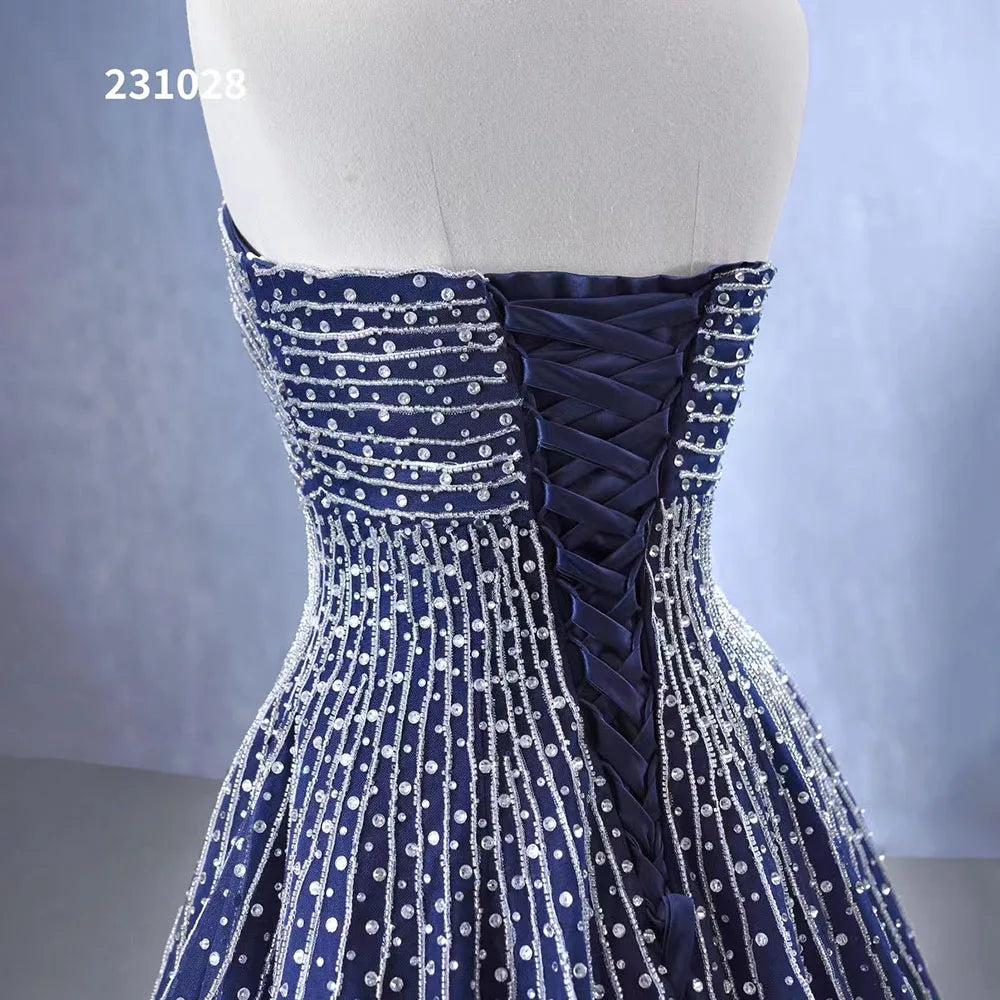 Serene Hill Navy Blue High End Strapless Crystal Beaded Luxury Pearls Lace Up Bride Gowns Wedding Dress Custom Made HM23102