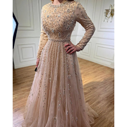 Serene Hill Peach Long Sleeves A-line Muslim Evening Dresses Luxury Beaded Dubai Wedding Party Gowns 2024 For Women GLA71803C