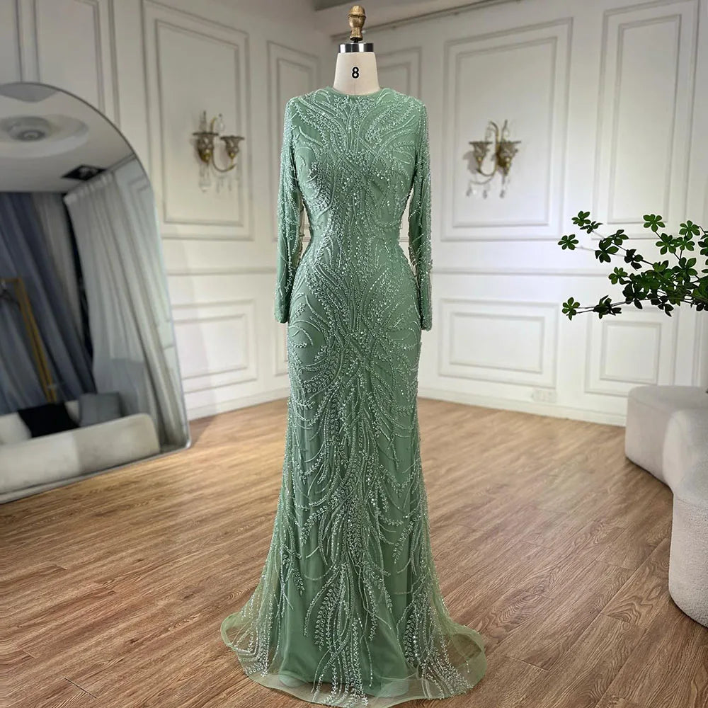 Serene Hill 2024 muslim Sage Green Mermaid Cape Sleeves Beaded Satin Luxury Evening Dresses Gowns for Women Party LA72413