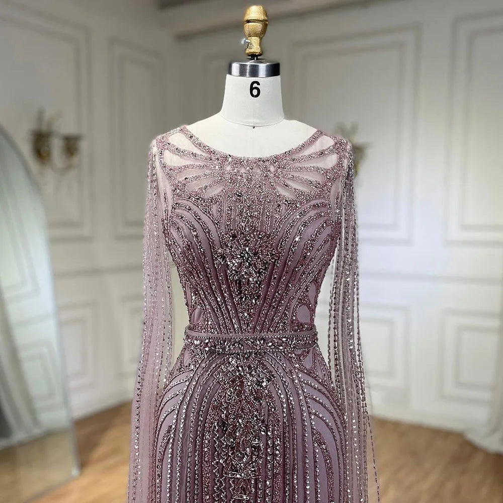Serene Hill Brown Mermaid Elegant 2024 With Cape Sleeves Beaded Luxury Evening Dresses Gowns   For Women Party LA70638