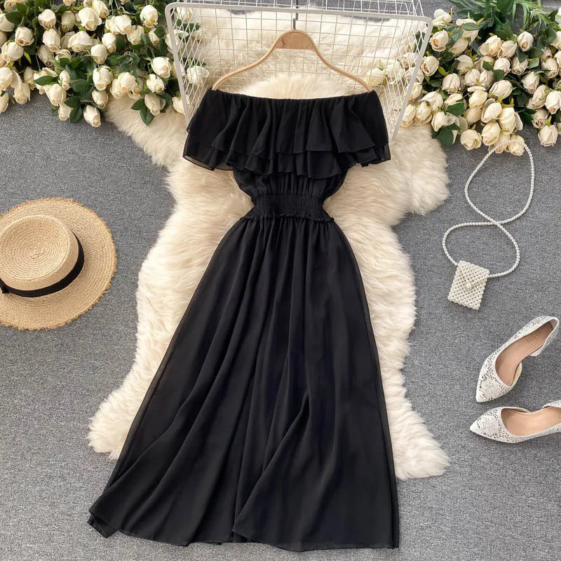 Women Chiffon Beach Dress Sexy Double Layer Ruffled Off The Shoulder Boho Dresses Ladies Sweet Slash Neck Long Dress