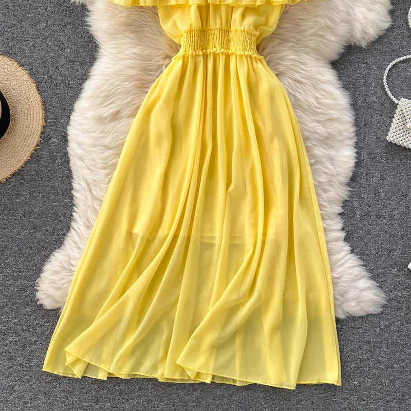 Women Chiffon Beach Dress Sexy Double Layer Ruffled Off The Shoulder Boho Dresses Ladies Sweet Slash Neck Long Dress