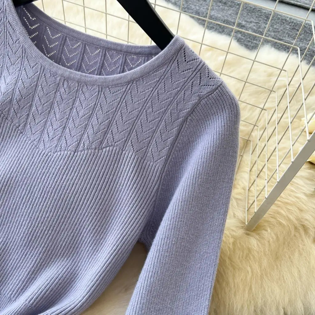 Elegant Solid Knitted Dress for Women Autumn French Vintage O-Neck Long Sleeve Fashion Evening Party Sweater Slim Midi Dresses