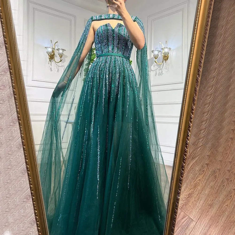 Arabic Green Cape Sleeves A Line Beaded Evening Dresses Long 2023 Celebrity Gowns For Woman Wedding Party BLA71912 Serene Hill