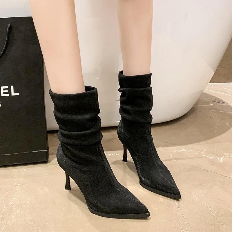 High Heel Women Pleated Ankle Boots Fashion Pointed Toe Slip On Shoes Dancing Party Dress Short Botas De Mujer