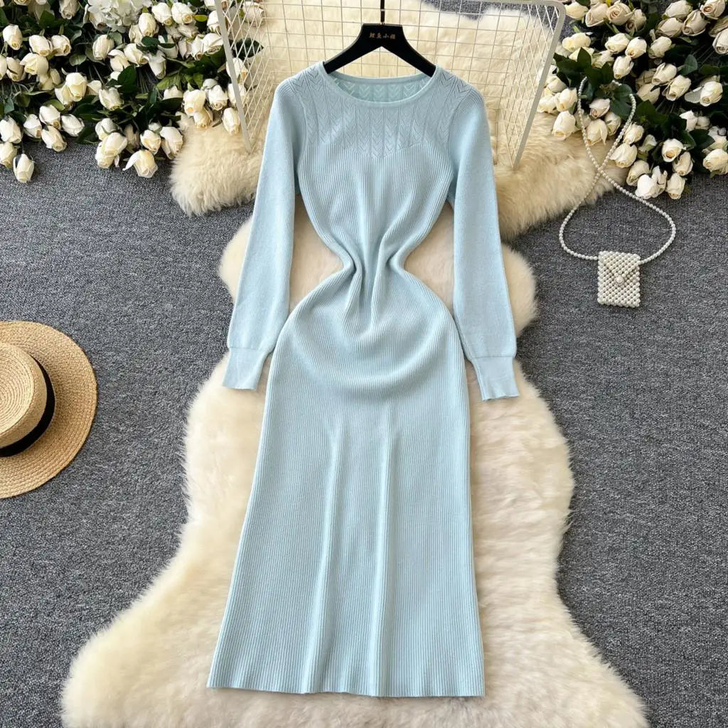 Elegant Solid Knitted Dress for Women Autumn French Vintage O-Neck Long Sleeve Fashion Evening Party Sweater Slim Midi Dresses