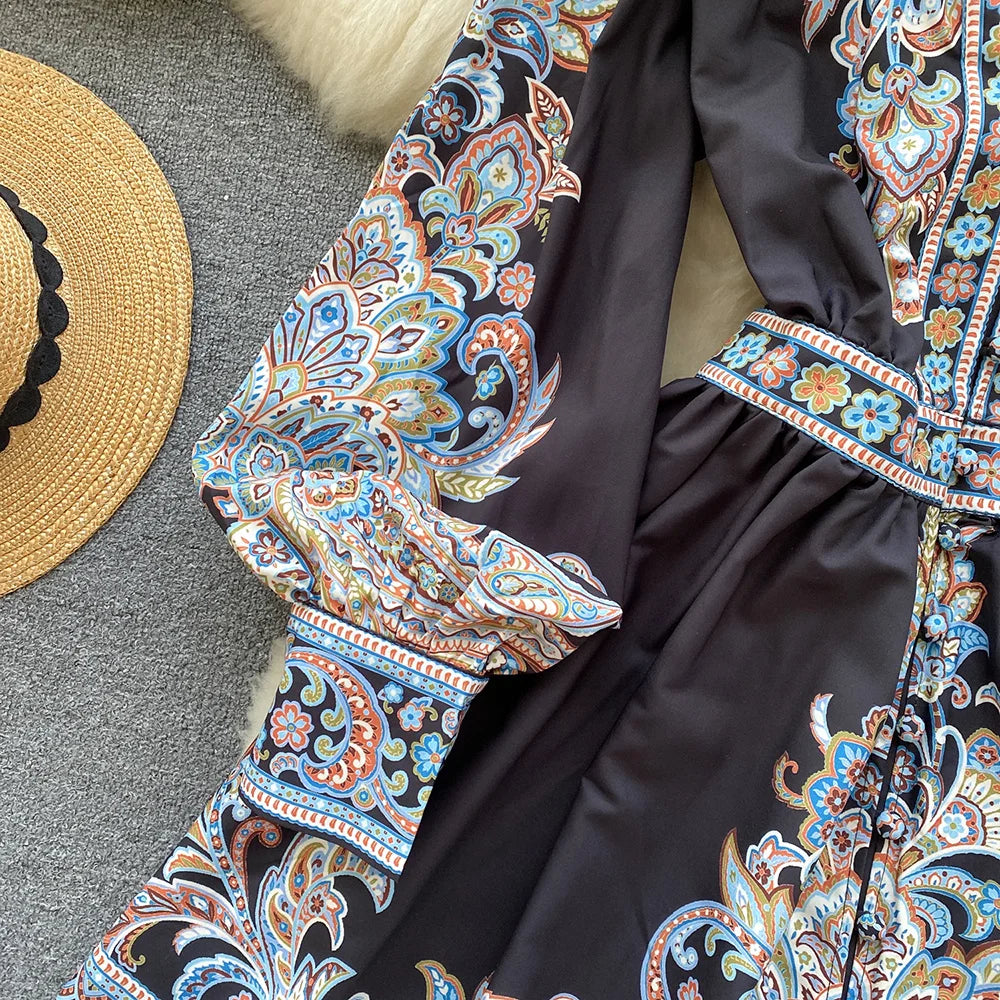 Elegant Dresses For Women 2024 V Neck Vintage Paisley Print Mini Holiday Dress Spring Ruffle Trim Long Sleeve Bohemian Dress