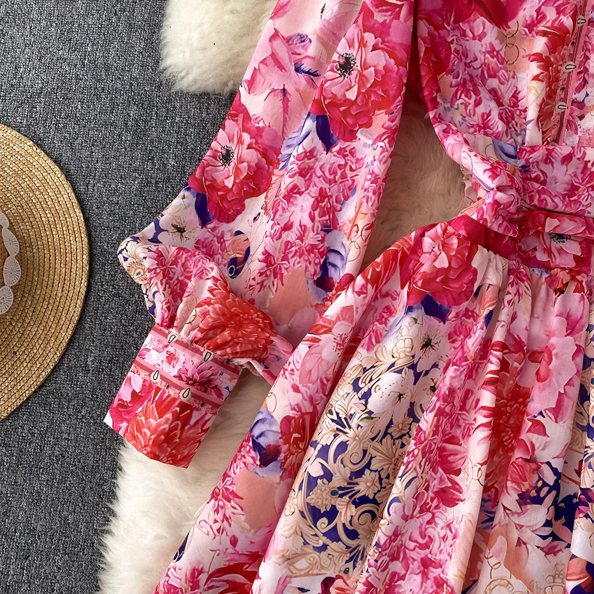 Short Dresses 2023 Fashion Women Clothing Party Elegant Vintage Floral Print Dress Womens V Neck Long Sleeve Mini Vacation Dress