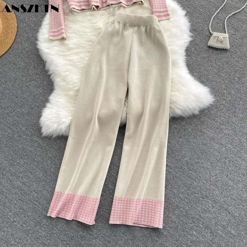 ANSZKTN Ladies Knitted Cardigan Top Wide Leg Trousers Clothing Fall Winter 2 Piece Sets For Women