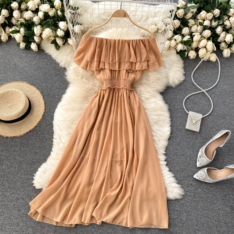 Women Chiffon Beach Dress Sexy Double Layer Ruffled Off The Shoulder Boho Dresses Ladies Sweet Slash Neck Long Dress