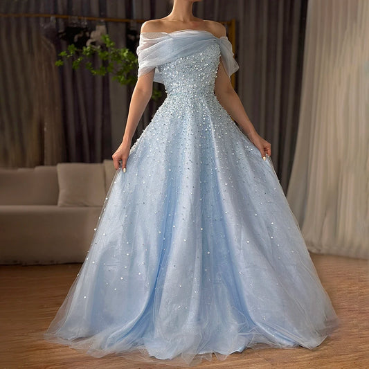 Serene Hill 2024 Arabic Blue Off The Shoulder Beaded Elegant A-Line Long Evening Dresses Gowns for Formal Occasion LA72009A