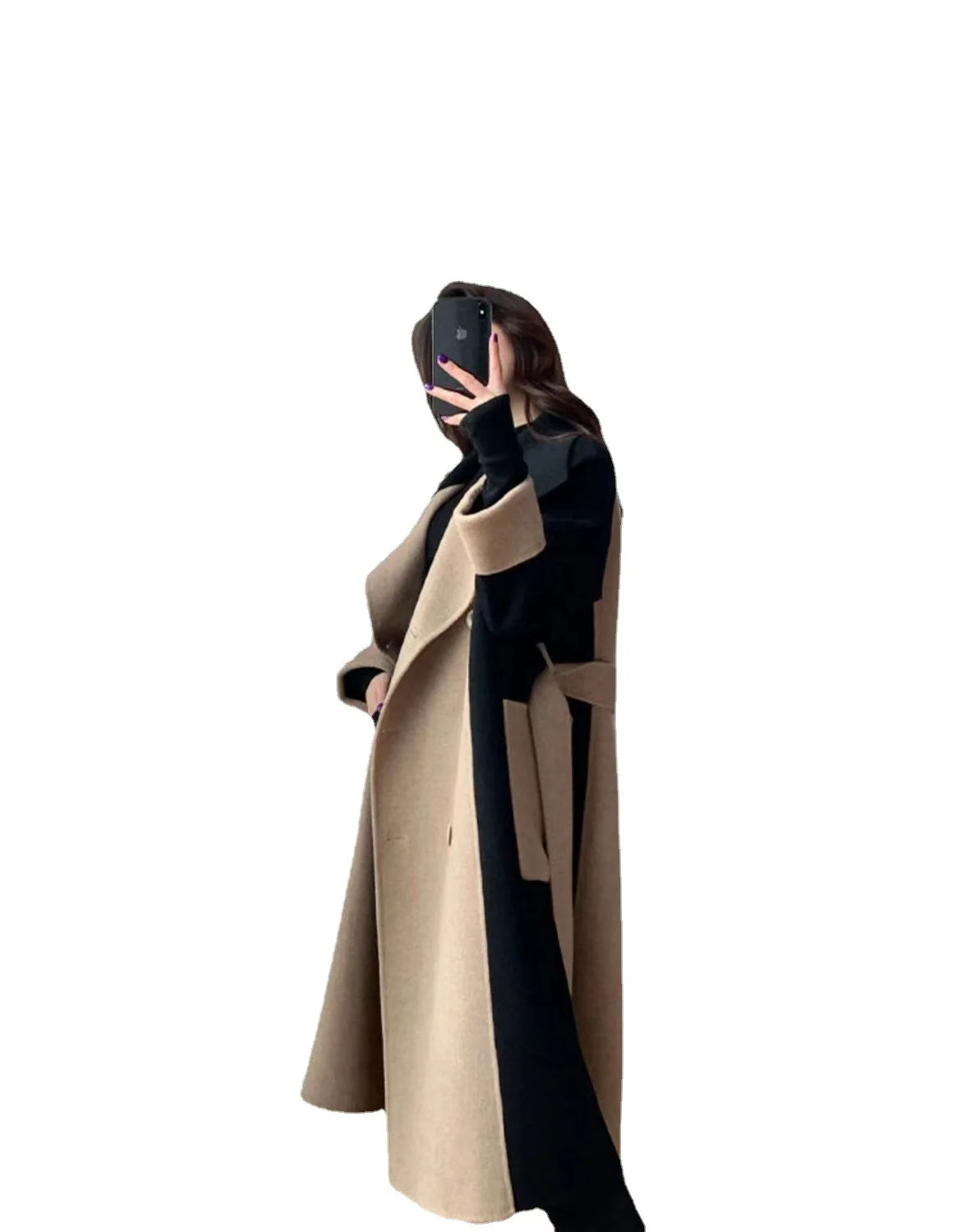 Women's Woolen Long Overcoat With Belt Spring Autumn New Double Sided Fleece Wool Color Matching Style Slim Splicing Coat