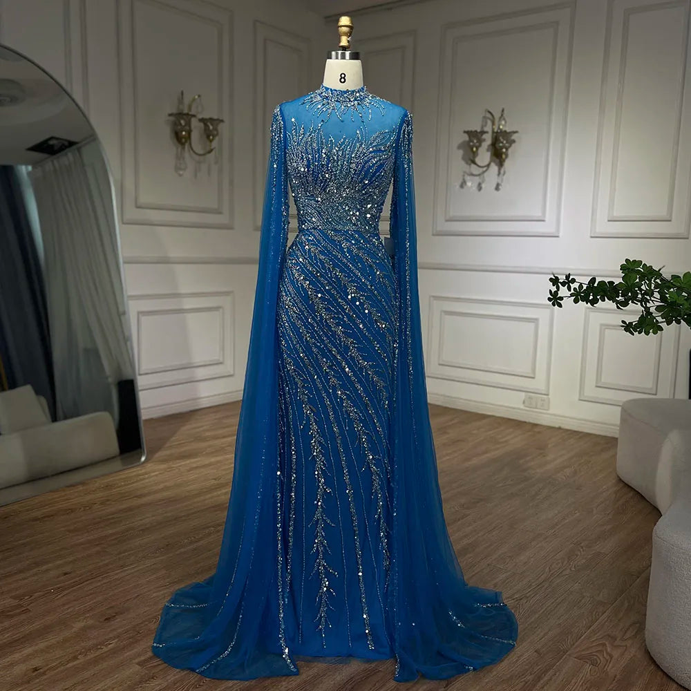 Serene Hill 2024 Nude Cape Sleeves Mermaid Lace Beaded Luxury Dubai Long Evening Dresses Gowns For Formal Occasion LA71885A