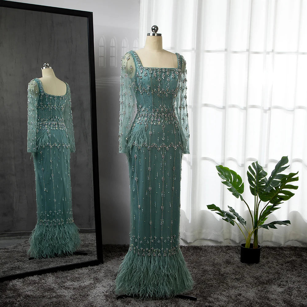Serene Hill Muslim Turquoise Mermaid Elegant Evening Dresses Gowns 2024 Luxury Beaded Feather For Women Party LA71722