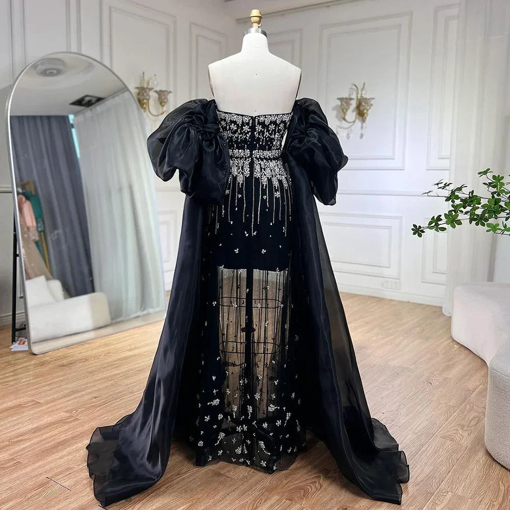 Serene Hill Black Sexy Off the Shoulder Puff Sleeves Evening Dresses Beaded Overskirt Mermaid Party Gown For Women 2023 BLA72002