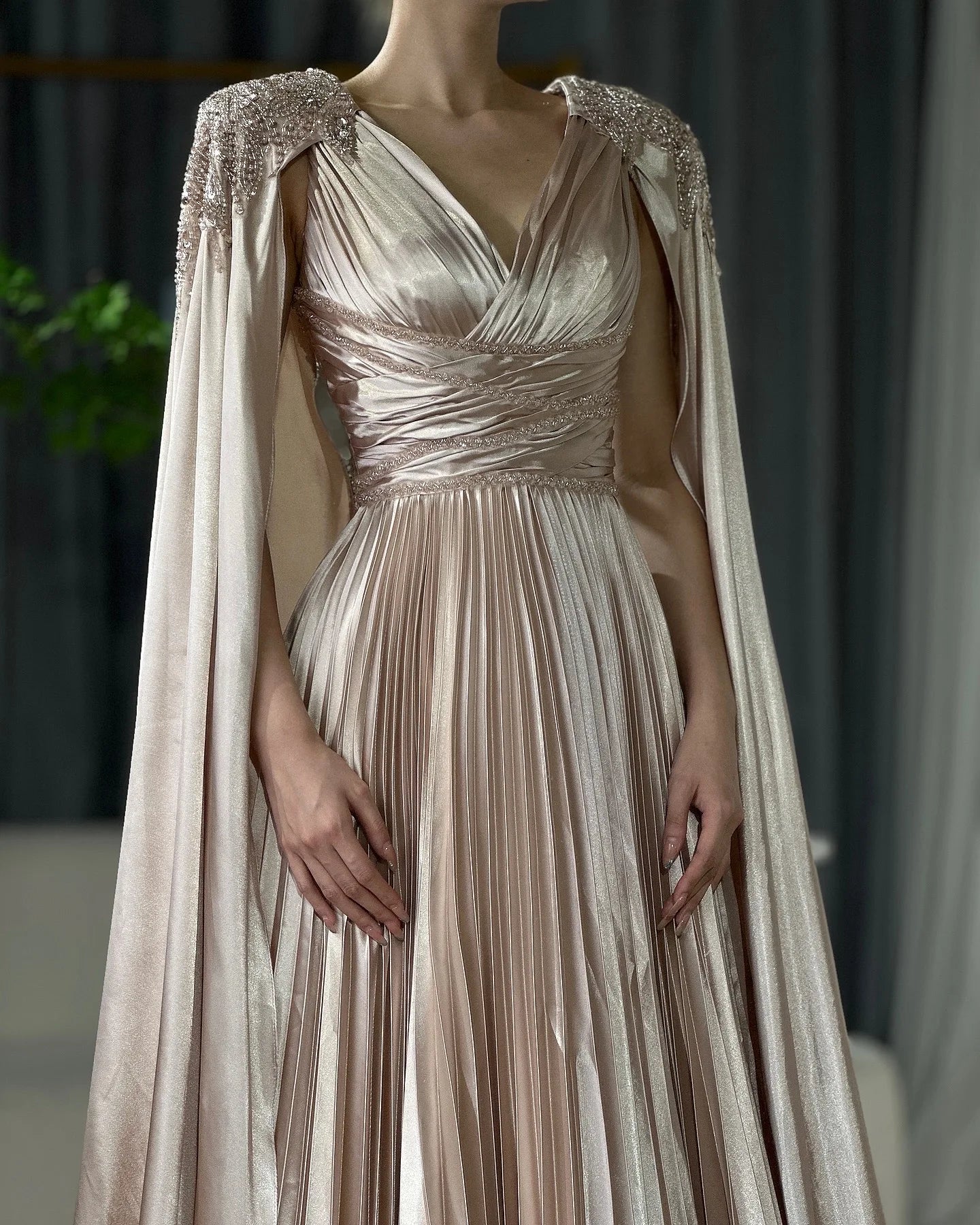 Serene Hill 2024 Nude Beaded Satin A-Line Saudi Arabic Evening Dress Gown with Cape Sleeves for Formal Occasion GLA72663