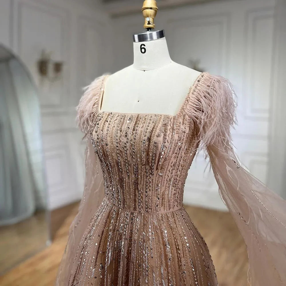 Serene Hill Luxury Dubai A Line Blue Cape Sleeves Feathers Beaded Evening Dresses Gowns 2023 For Women Wedding Party BLA72236