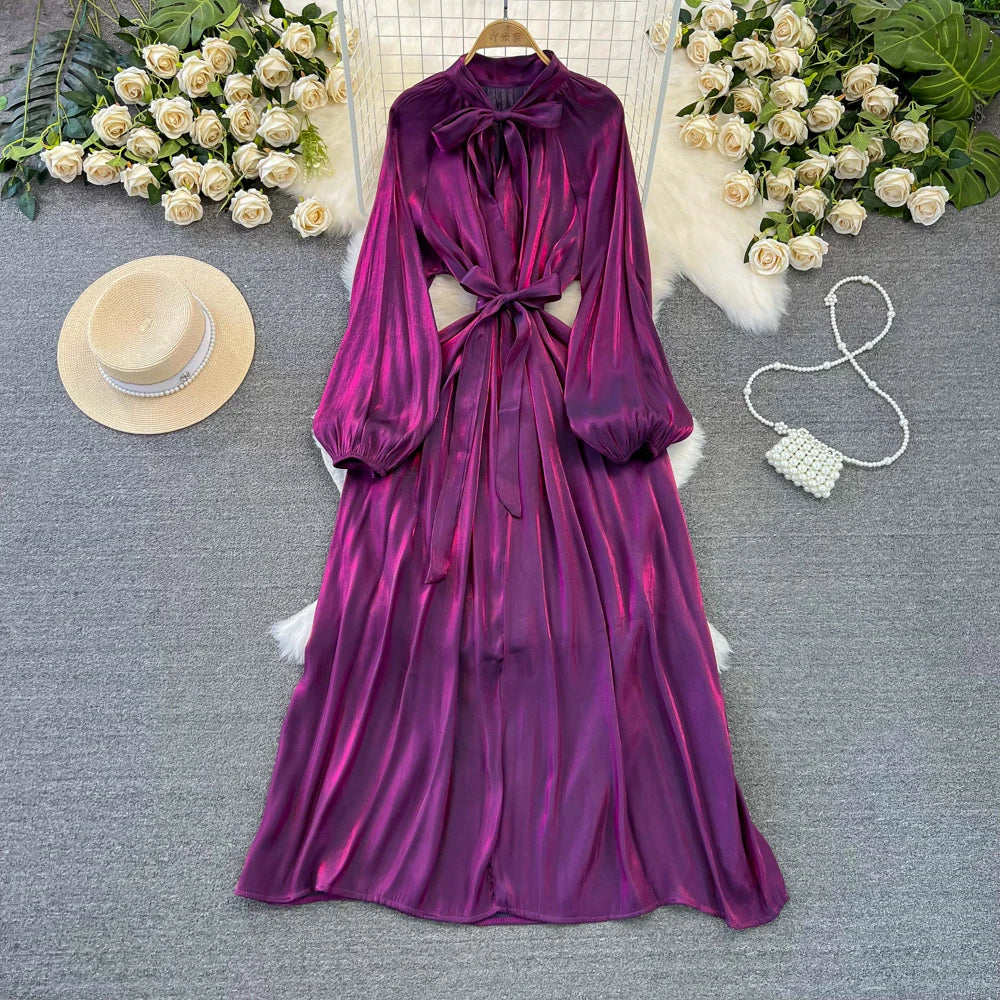 Autumn Elegant Women Fashion Party Long Dress Bow Lace Up Long Sleeve Evening Dresses A-Line Casual Vestidos One Piece Prom Robe