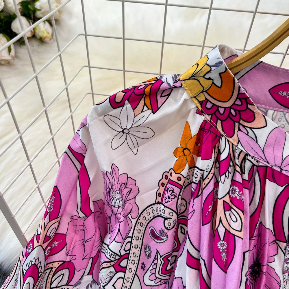 Elegant Women Casual Floral Print Party Dress Vintage Lantern Sleeve A-Line Pleated Prom Birthday Clothes Female Fashion Robe