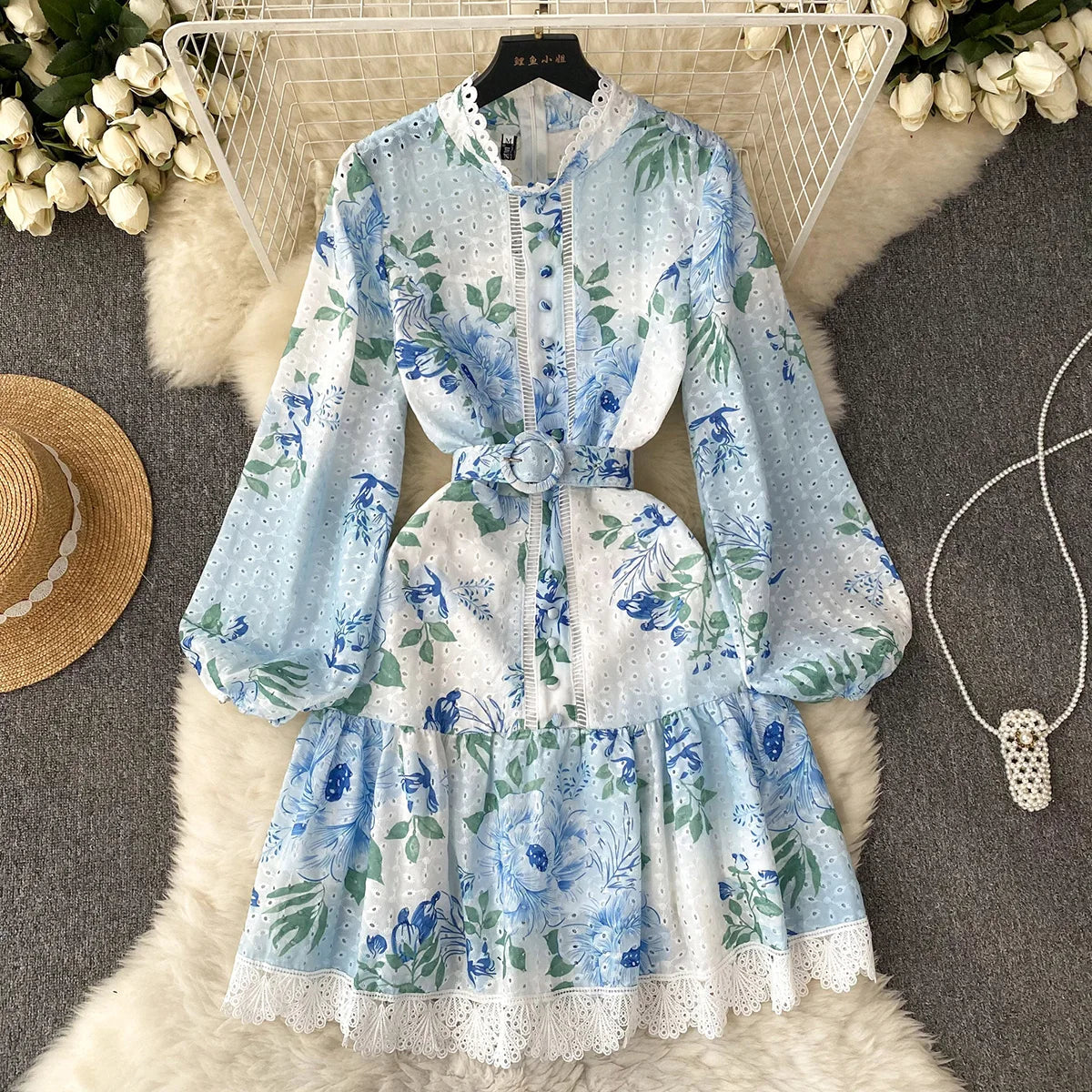 Elegant Party Dresses Woman Lace Trim Cutwork Embroidery Vintage Floral Print Dress 2023 New In Long Sleeve Mini Dress With Belt
