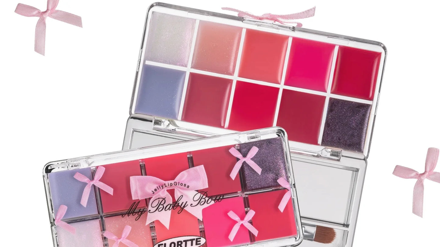 FLORTTE 10-Color Lip Palette Lip Gloss and Lipstick Glossy Moisturizing Pigmented Multifunctional Easy to Apply