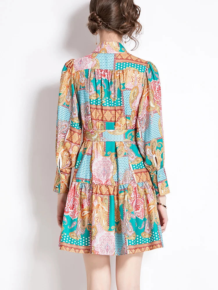 New In Dresses 2024 Spring Vintage Paisley Print Vacation Bohemian Dress Women Stand Collar Long Sleeve Mini Dress With Belt