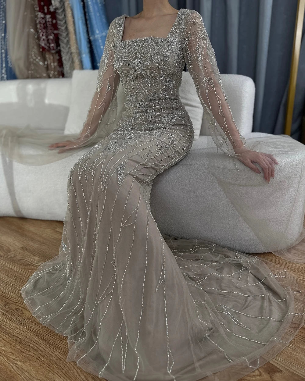 Serene Hill 2024 Arabic Nued Cape Sleeves Mermaid Saudi Evening Dresses Beaded Luxury Party Gowns for Formal Occasion LA72261B