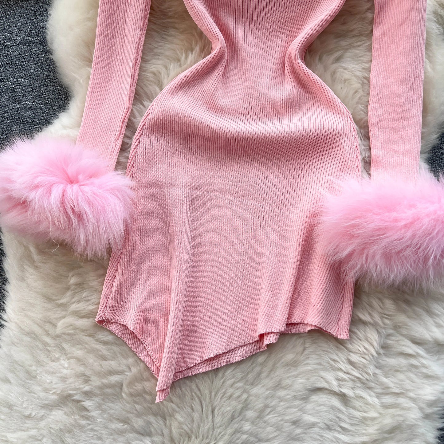 Chic Sexy Halter Bandage Irregular Bodycon Dress Fluffy Long Sleeve Knit Birthday Dress Autumn Winter Pencil Sweater Vestidos