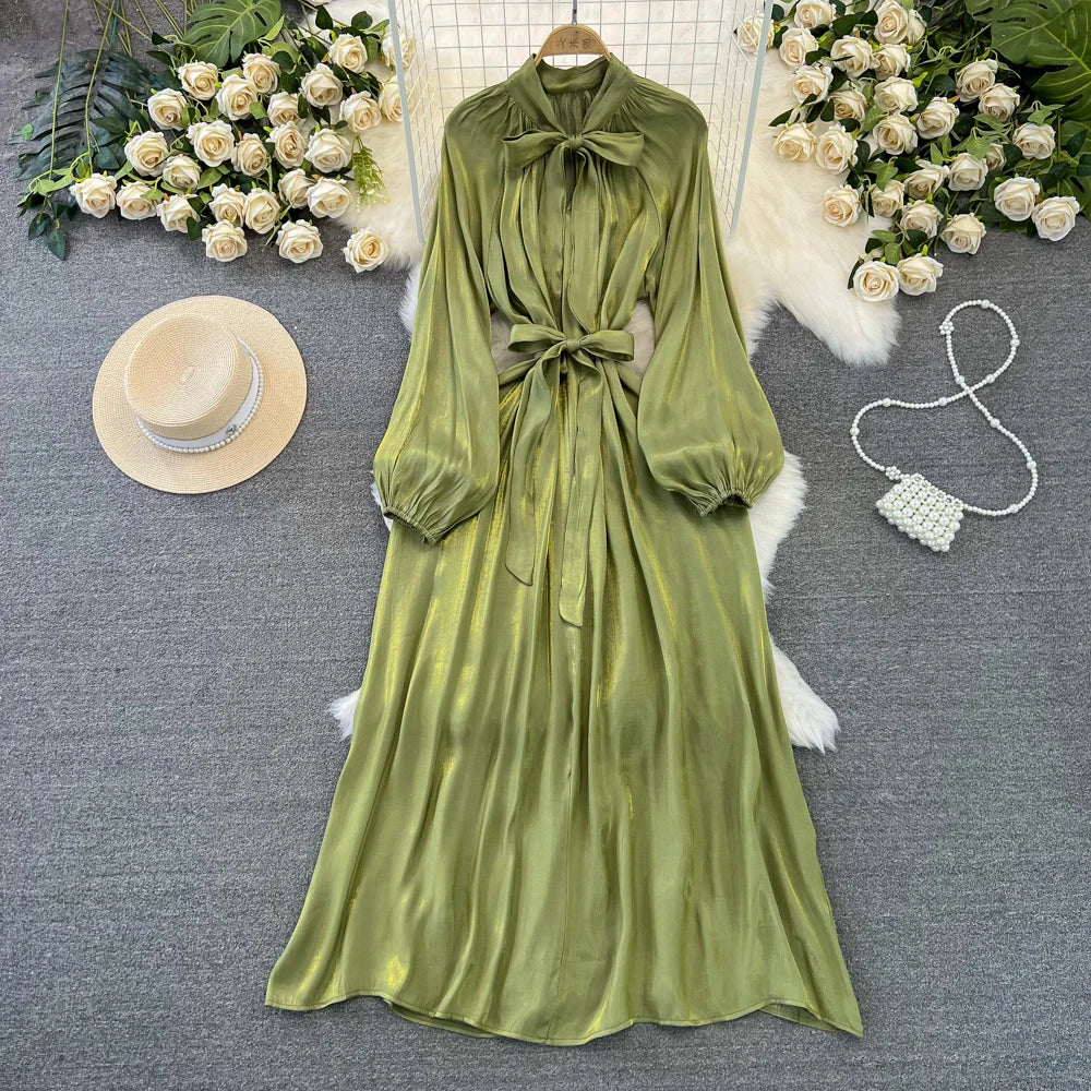 Autumn Elegant Women Fashion Party Long Dress Bow Lace Up Long Sleeve Evening Dresses A-Line Casual Vestidos One Piece Prom Robe