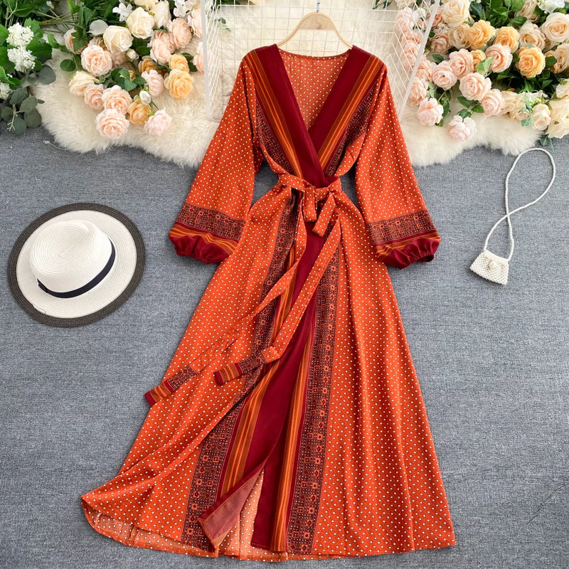 Vintage Print Elegant Puff Sleeve One Piece Dress A-line Lace-up Beach Vacation Midi Dress Women Fashion Spring Autumn Vestidos