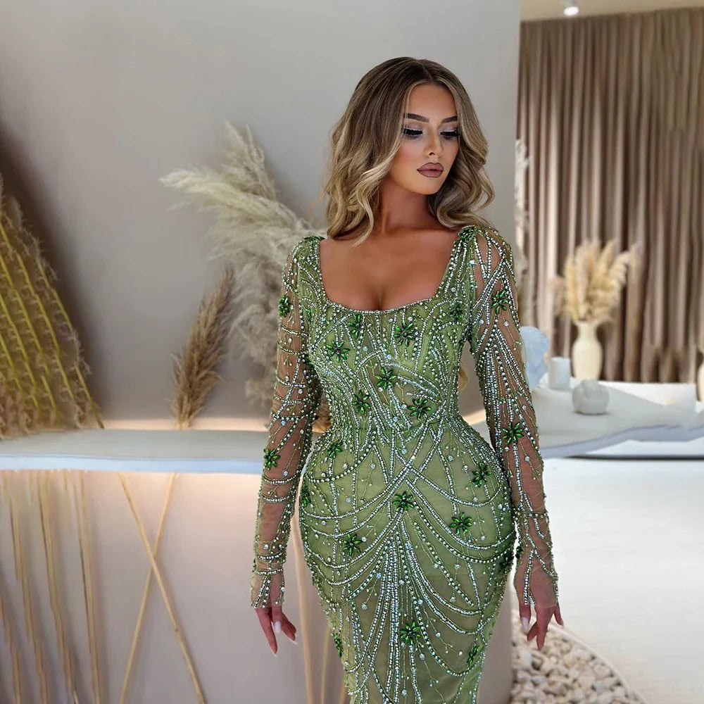 Serene Hill Luxury Dubai Green Mermaid Elegant Crystal Beaded Arabic Evening Dresses Gowns For Women Wedding Party 2023 BLA72242