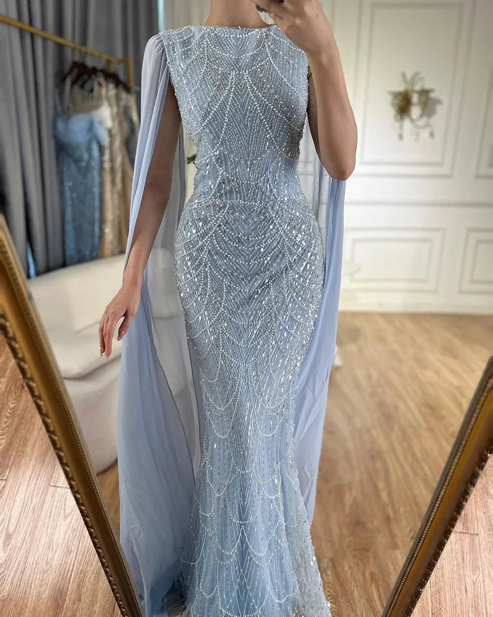 Serene Hill 2024 Saudi Arabia Blue Mermaid Cape Sleeve Luxury Beaded Evening Gown for Formal Occasion LA72160A