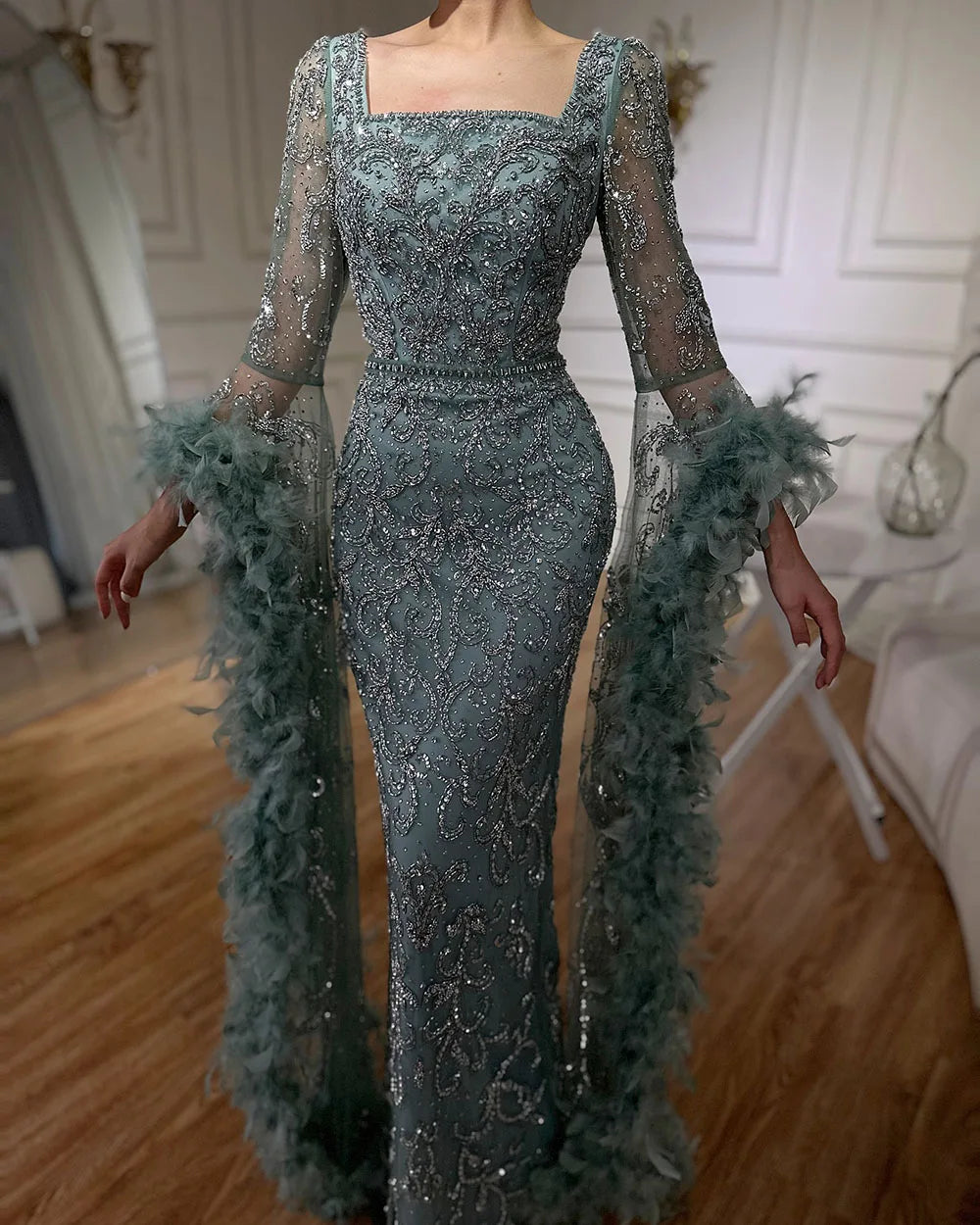 Serene Hill Flared Sleeves Mermaid Peach Beaded Feather Luxury Evening Dresses Gowns For Women's Party 2024 LA72767