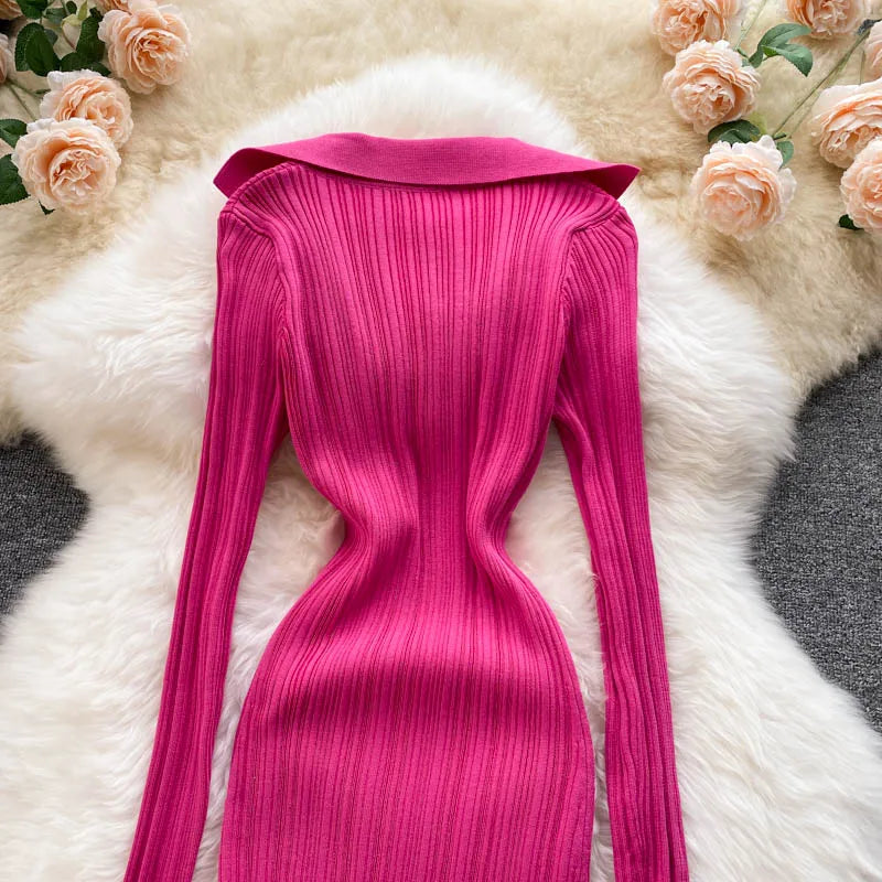 Women Chic Elegant Long Sleeve Split Bodycon Midi Dress Sexy French Fashion Knit Wrap Vestidos Elastic Slim Pencil Sweater Dress