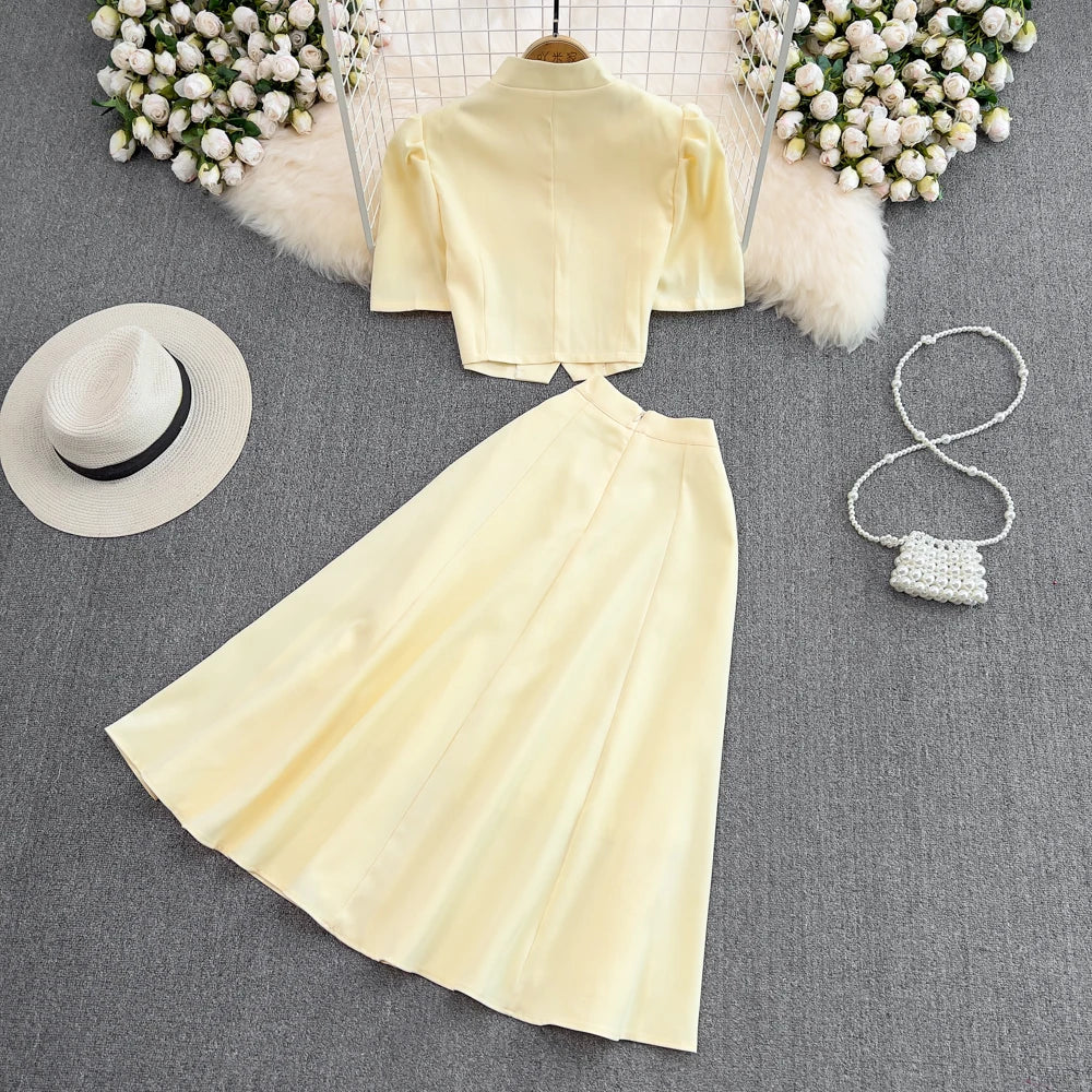 Chic Two Pieces Sets Sexy Single Breasted puff sleeve sweet blouse with Fashion basics A-line Skirt Vacation Sets