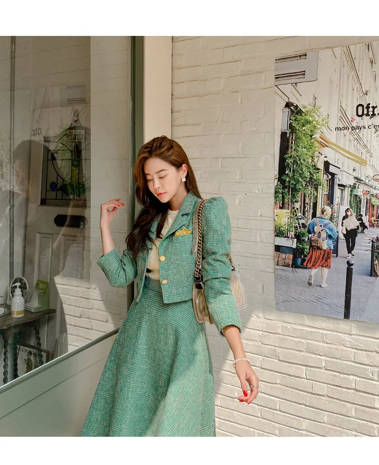 Elegant Temperament Two-Piece Set Tweed for Women Short Blazer Jacket +High Waist Swing Skirt Suits Green Korean Outfits