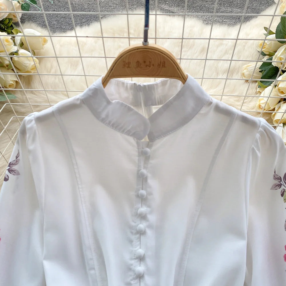 Spring Clothes For Women Vintage Floral Print Dress Stand Collar Long Sleeve Mini Dress With Belt Wedding Elegant Party Dresses