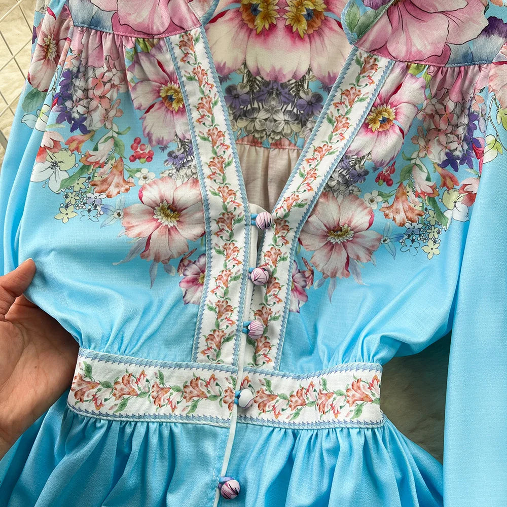 Spring Dresses 2024 Women Fashion Elegant Vintage Floral Print Dress V Neck Front Button Up Long Sleeve Holiday Mini Dress Woman