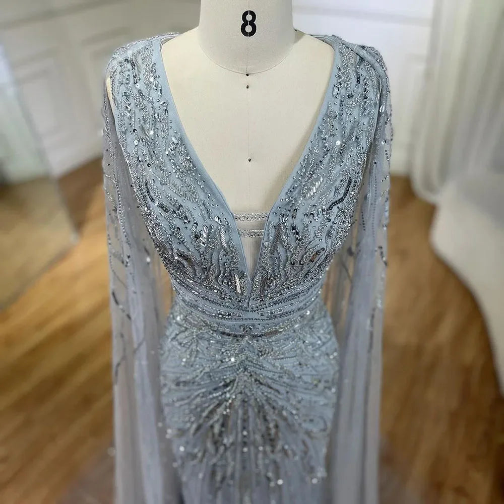 SERENE HILL 2024 Arabic Silver Mermaid Cape Sleeves Luxury Beaded Evening Dresses Formal Long Gowns Women Wedding Party GLA72239
